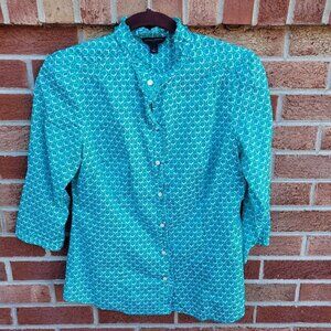 Banana Republic Ruffle Edge Button Up Shirt Women's Size Medium Overall Print